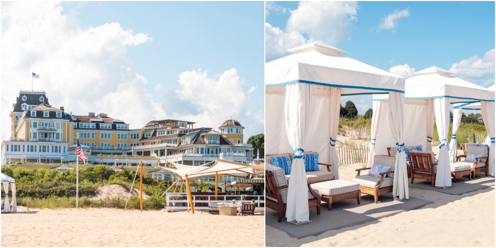A large, yellow beachfront hotel with white trim is shown on the left; white cabanas with lounge chairs are set up on the sandy beach on the right.