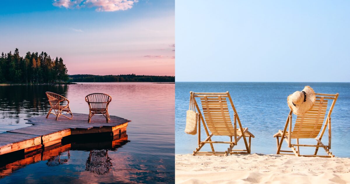 Split image of two scenes: rattan chairs on a lakeside dock at sunset on the left, wooden lounge chairs on a sandy beach by the sea under a clear sky on the right.