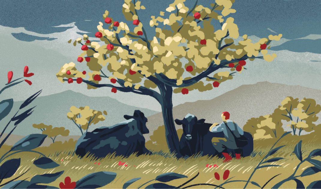 A person sits under an apple tree with two cows in a grassy field, surrounded by plants and distant hills under a cloudy sky.