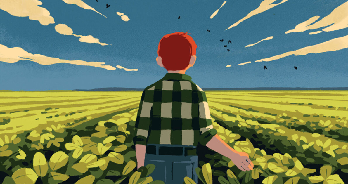A person with red hair and a plaid shirt stands in a lush green field under a blue sky with clouds and birds flying in the distance.