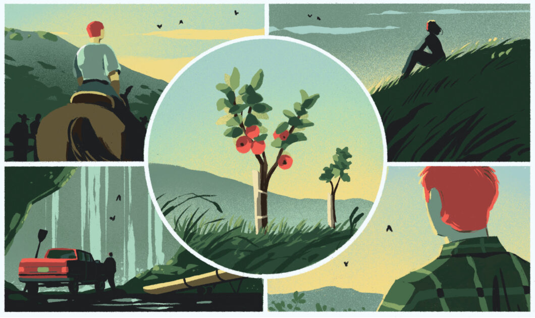 Four scenes of a person exploring nature: riding a horse, sitting on a hill, near a red truck, and viewing fruit trees in the center, with a natural landscape background.