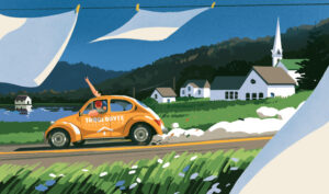 A yellow car labeled "Troglodyte Coffee Roasters" drives past a lakeside village with white houses and a church, as white sheets hang drying in the foreground.