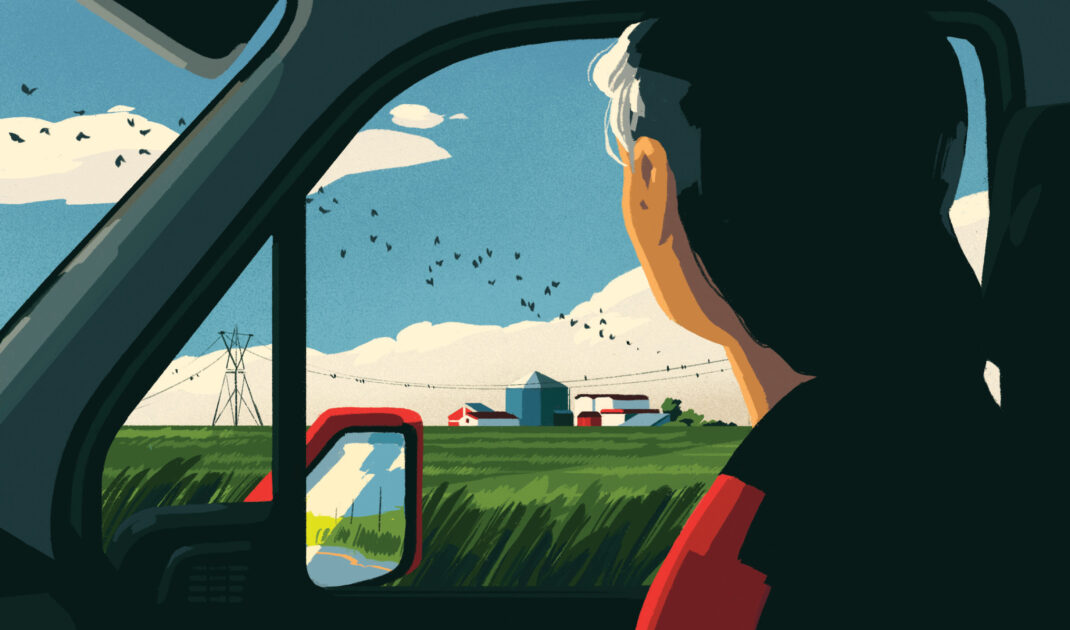 A person sitting in a car looks out the window at a farm with silos, barns, power lines, and birds flying in the sky.