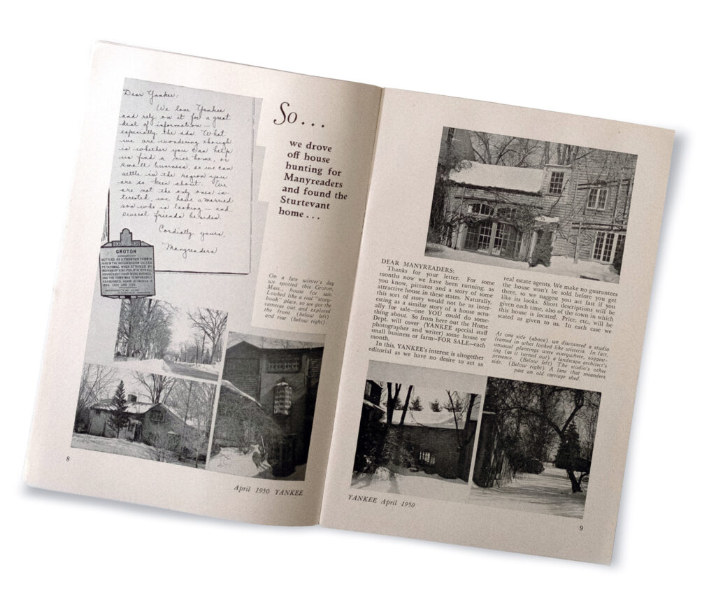 An open magazine displays black-and-white photos of houses, a handwritten letter, and printed text about searching for Mansfield's home.