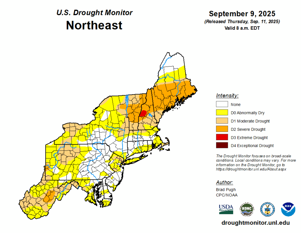 Map of the U.S. Northeast shows varying drought intensities as of September 9, 2025, with areas marked as abnormally dry to extreme drought, especially in New York and New England.