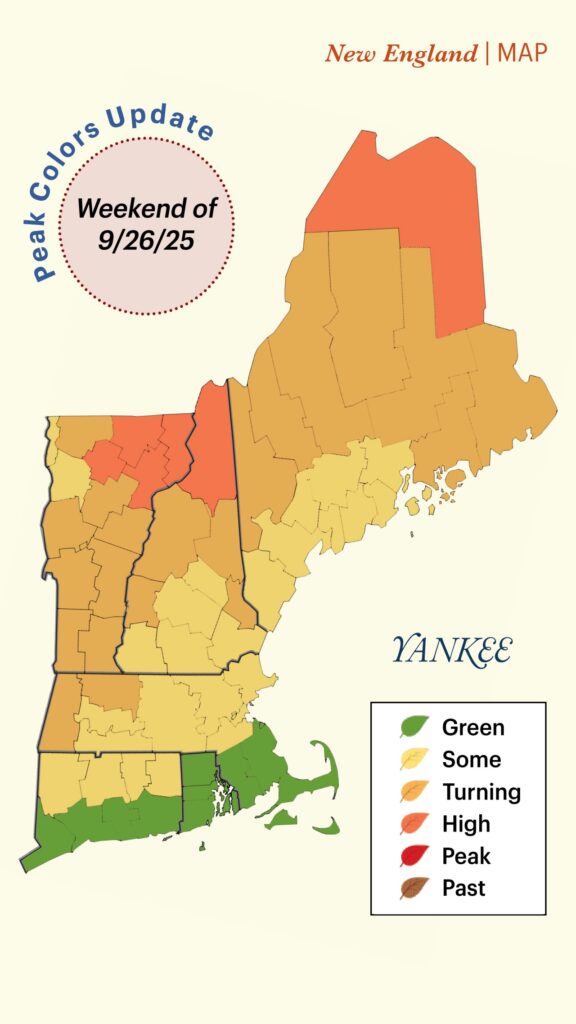 Map of New England showing fall foliage color changes for the weekend of 9/26/25 in various regions.
