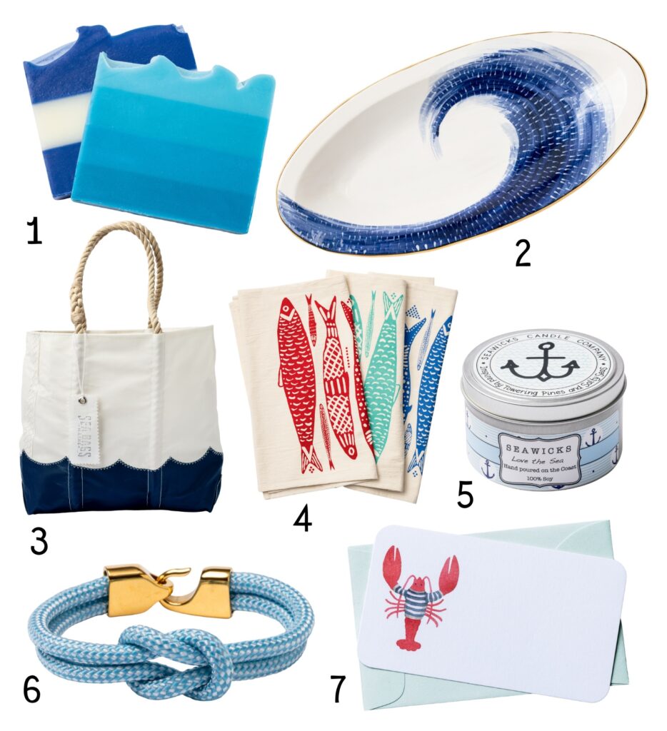 Nautical-themed gift items, including soap, plate, tote, napkins, candle, bracelet, and lobster card.