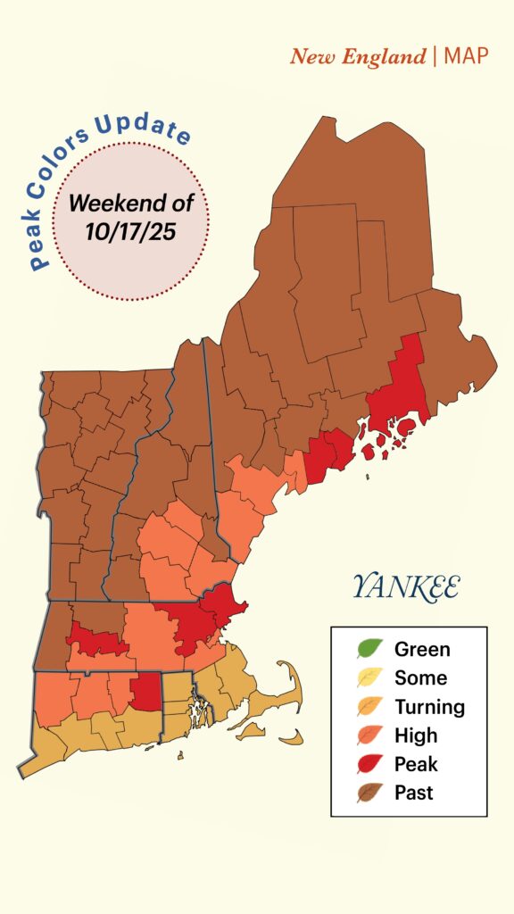 Map of New England showing peak fall foliage colors for the weekend of 10/17/25 by region.
