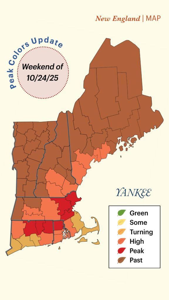 Map of New England showing fall foliage colors on 10/24/25, with most areas at high or peak color.