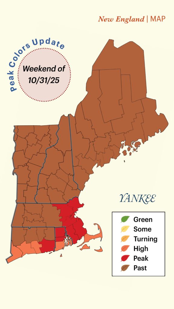 Map of New England showing fall foliage colors at peak or past peak for the weekend of 10/31/25.