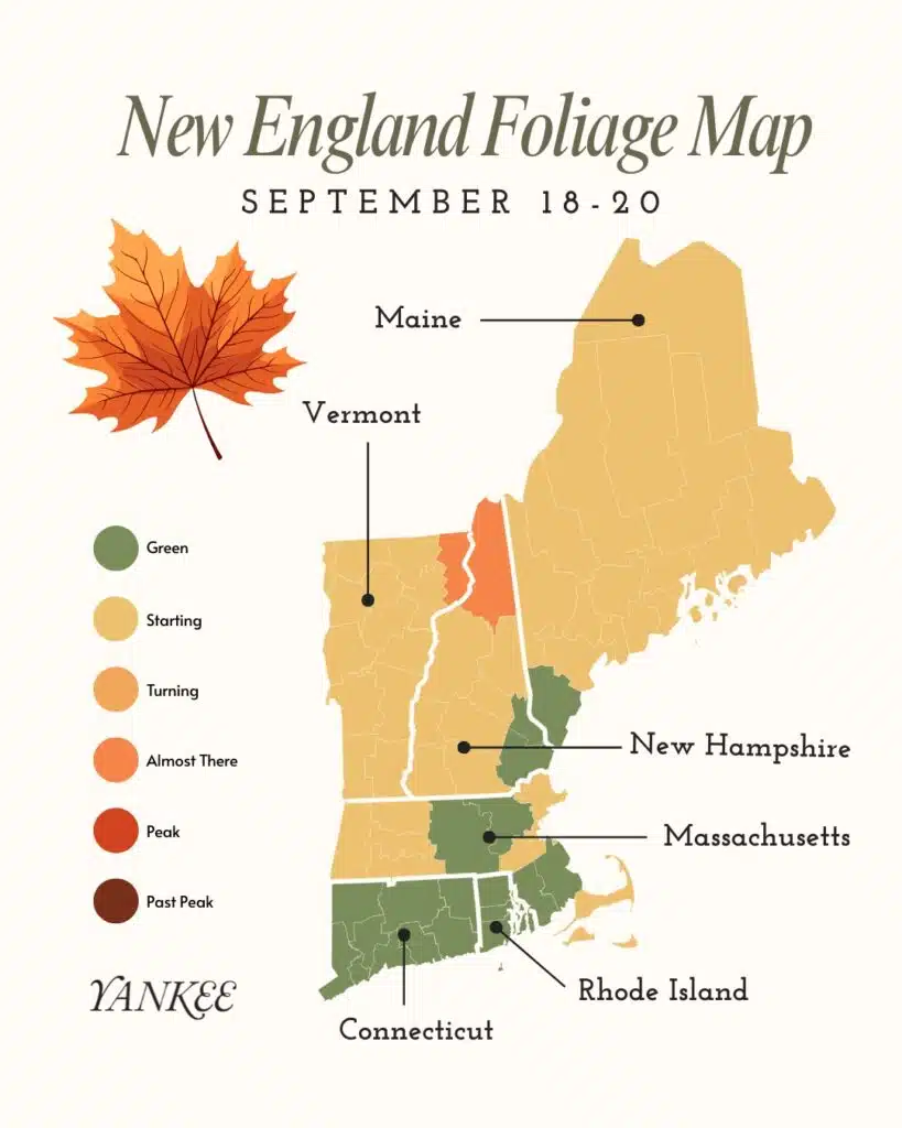 New England Peak Foliage Map: September 18-20, 2026. A color-coded map of New England shows expected fall foliage stages from September 18–20.