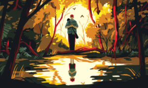A person holding a baby stands by a sunlit forest pond, their reflection visible in the water.