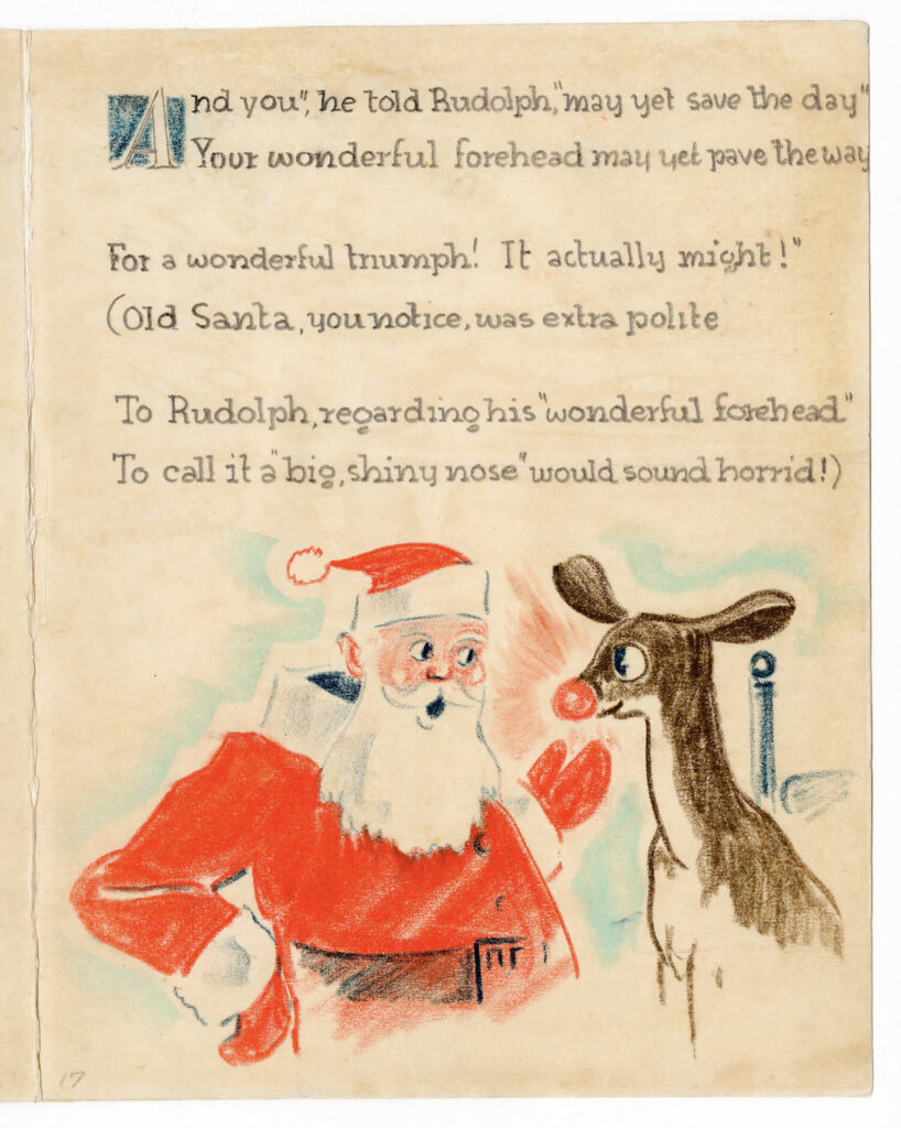 Santa Claus talks to Rudolph the Red-Nosed Reindeer, gesturing toward Rudolph’s shiny red nose.