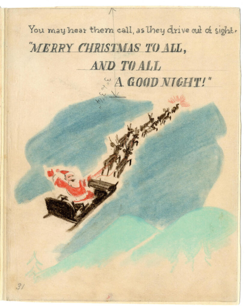 Santa in a sleigh pulled by reindeer flies across the sky with "Merry Christmas to all..." text above.