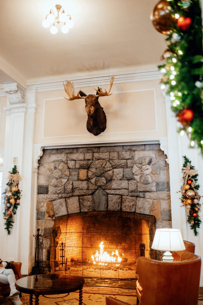 A cozy stone fireplace with a moose head mount above it and holiday garlands on the mantel.