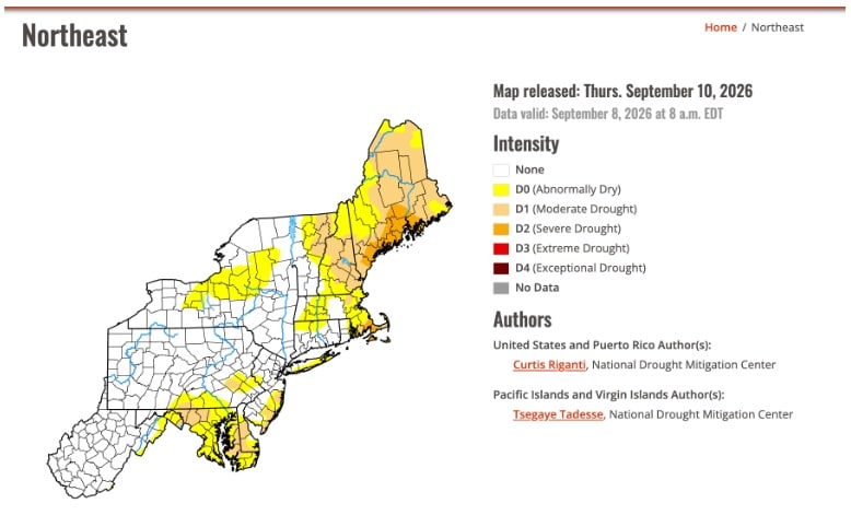 Map of drought intensities in the Northeast US, with yellow and orange areas showing varying drought levels.