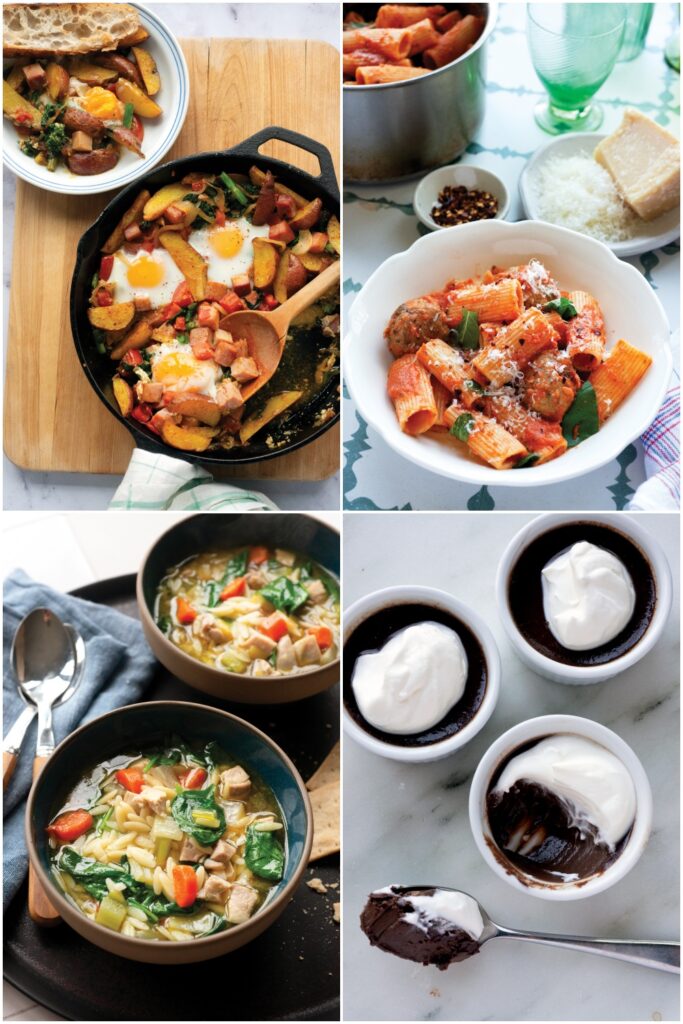 Four dishes: skillet eggs with veggies, rigatoni pasta, chicken soup, and chocolate desserts with whipped cream.