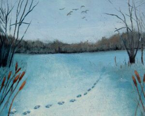 Footprints in snow lead toward distant trees and flying birds under a pale blue sky; reeds frame the scene.