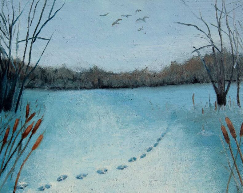 Footprints in snow lead toward distant trees and flying birds under a pale blue sky; reeds frame the scene.