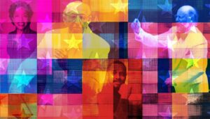 A colorful collage of famous musicians and conductors overlaid with stars and a vibrant checkered pattern for the From Many, One Festival.