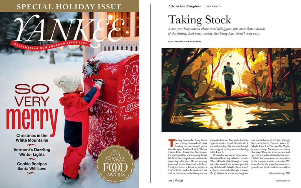 Yankee magazine holiday cover with a child mailing a letter and an illustrated page titled "Taking Stock."