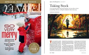 Yankee magazine holiday cover with a child mailing a letter and an illustrated page titled "Taking Stock."