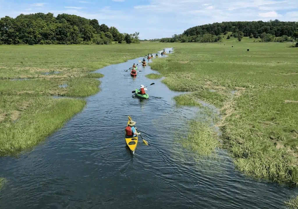 A group of people kayak down a narrow river through grassy fields under a partly cloudy sky.
