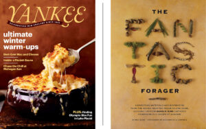Left: Person scooping cheesy mac and cheese; Right: "The Fantastic Forager" title with letters made from plants.