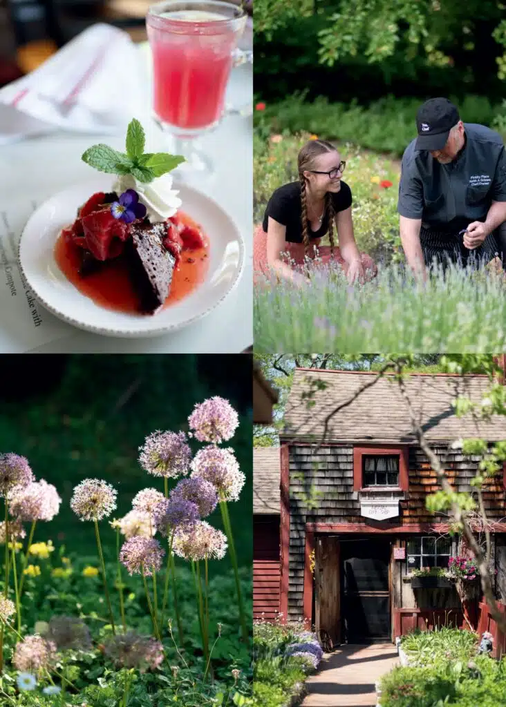Pickity Place in New Hampshire. Four images: dessert and drink, two people in a garden, blooming flowers, and a rustic red house with flowers.
