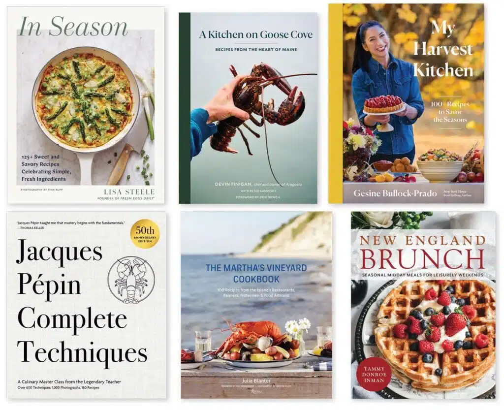 Six assorted cookbooks displayed in two rows, each featuring colorful food photography on the covers.