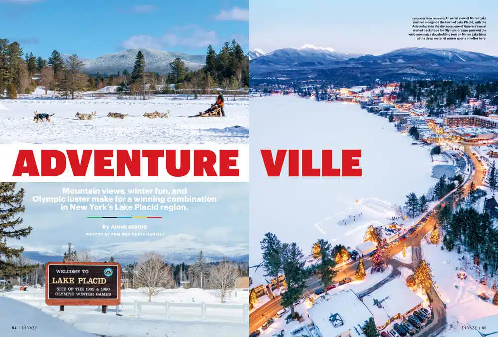 Snowy Lake Placid town and lake, dog sled team on snow, text reads "Adventure Ville" across the page.