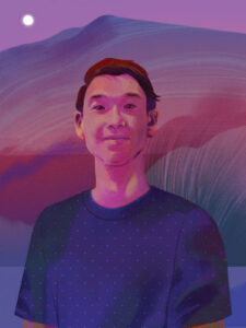 Digital portrait of a smiling person with short hair against a purple mountain and sunset background.