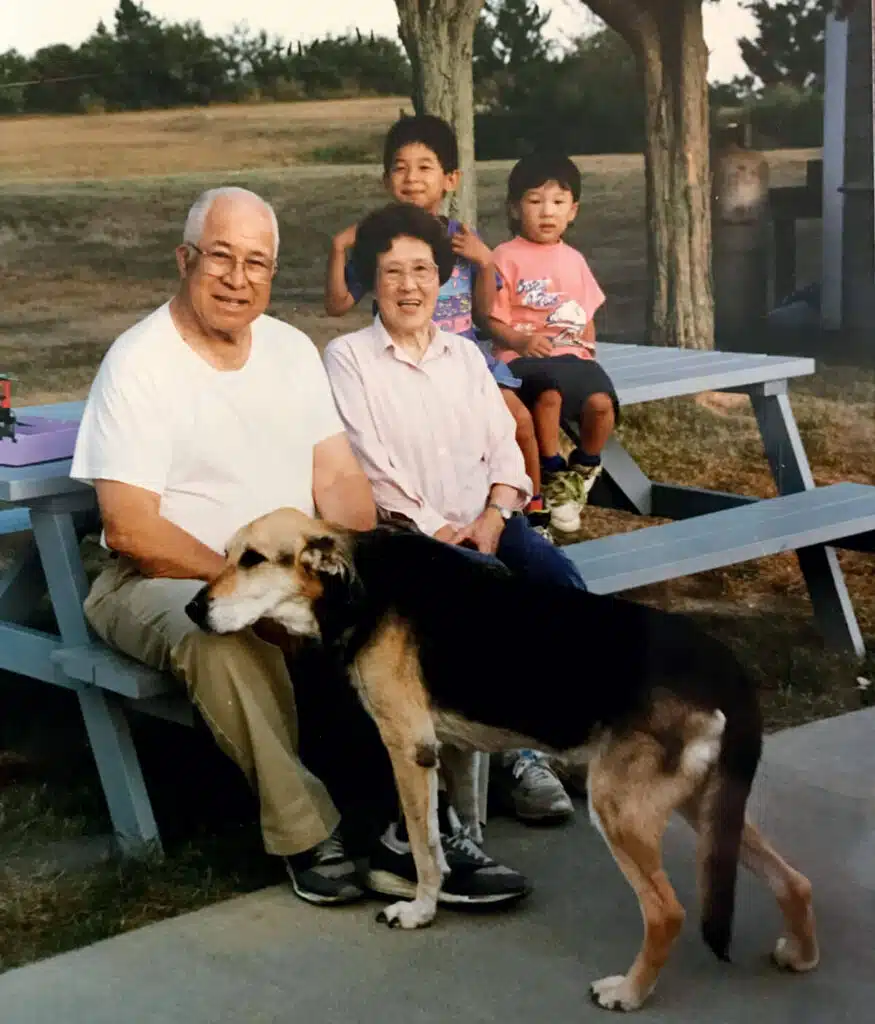 Two adults, two children, and a dog sit and stand around a picnic table outdoors on a sunny day.