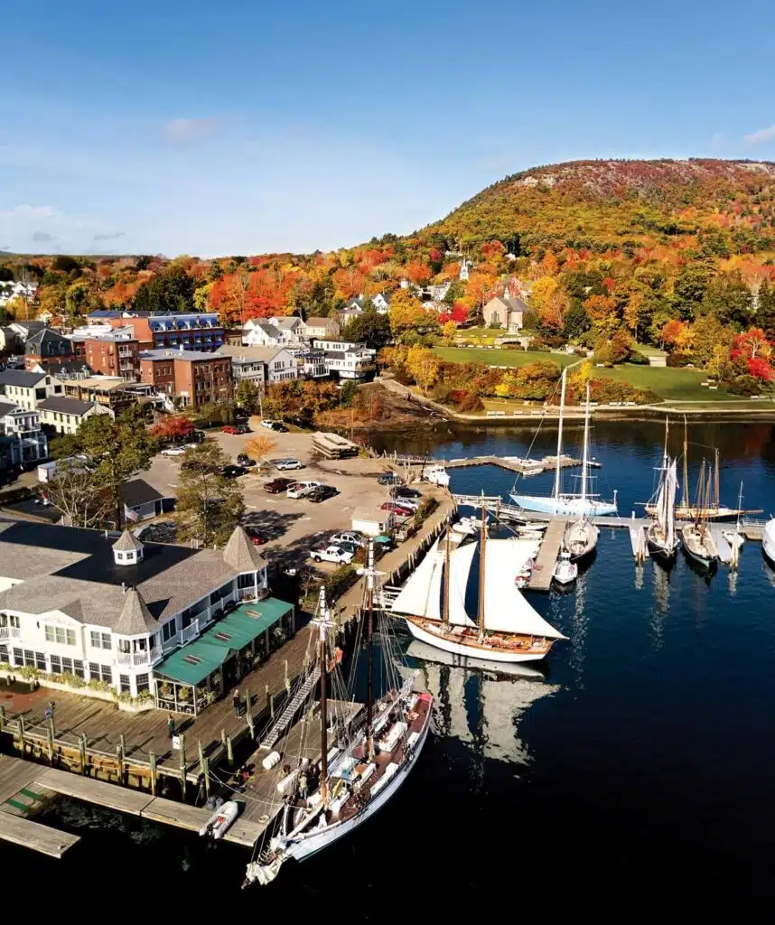 A harbor with sailboats, waterfront buildings, and colorful autumn trees by a hill under a blue sky.