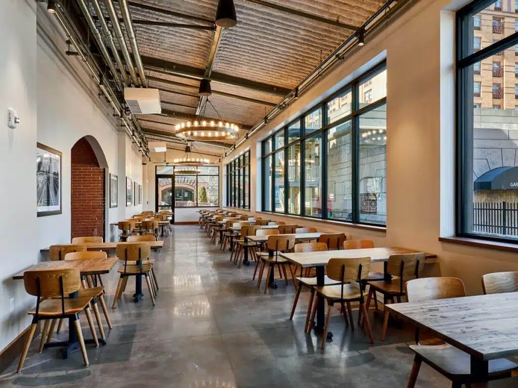 Modern, empty café with wooden tables and chairs, large windows, and industrial-style ceiling.