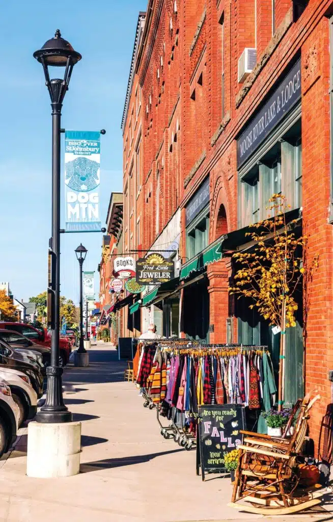 Outdoor racks of clothes on a sunny sidewalk in front of red brick shops with colorful signs.