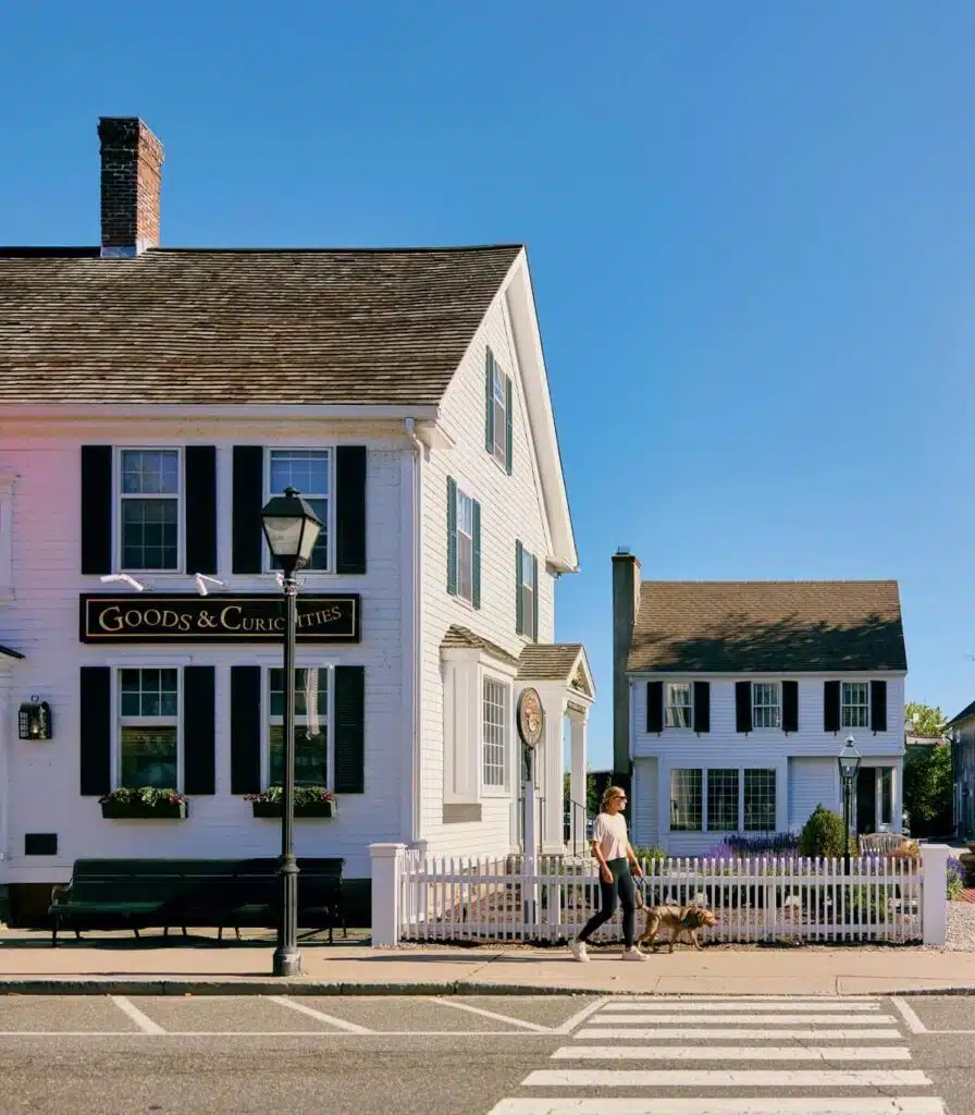 A person walks a dog past white houses with black shutters on a sunny day in a small town.