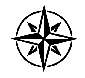 Black and white compass rose icon with four main points inside a circle on a white background.