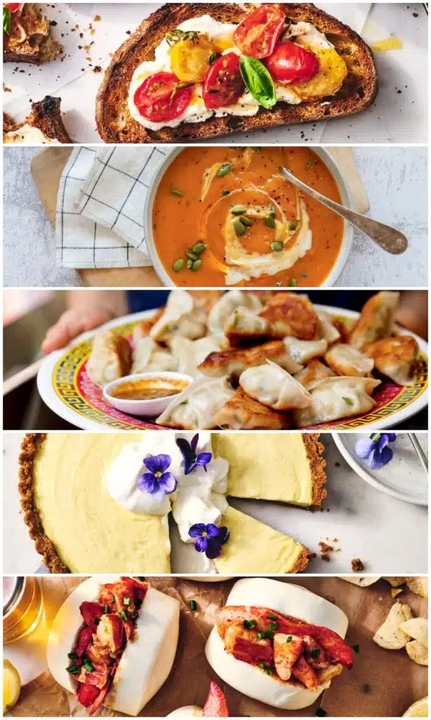 A collage of five dishes: toast, soup, dumplings, cheesecake, and bao buns, all beautifully plated.