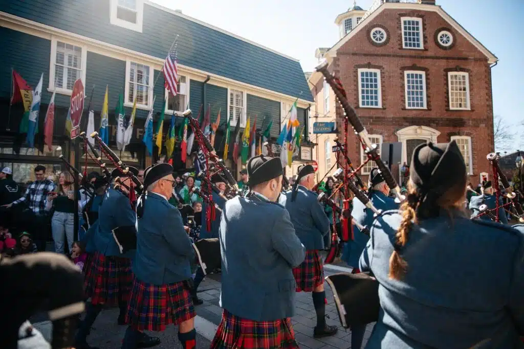 A bagpipe band at Newport St. Patrick's Day Parade.