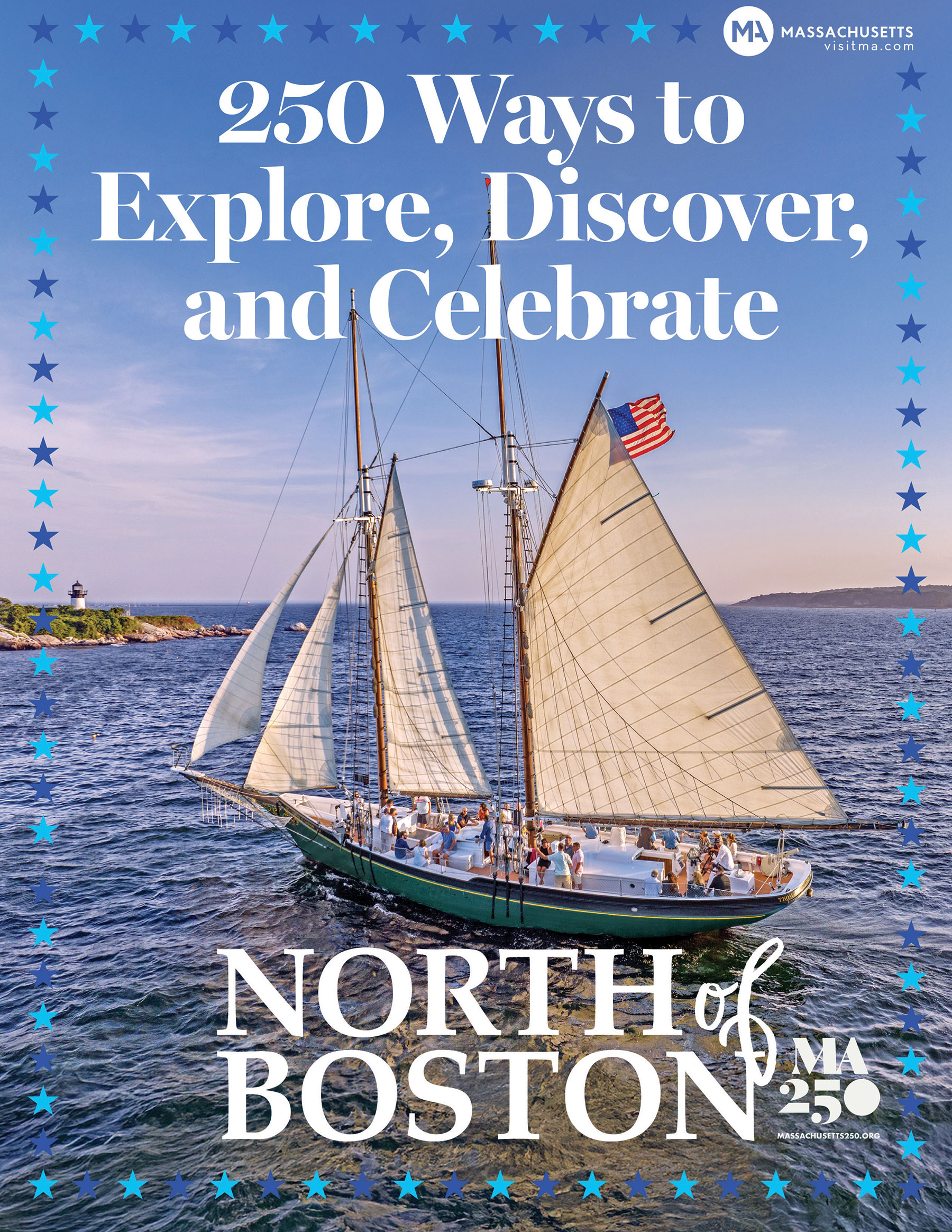A sailboat with people aboard sails on blue water near a lighthouse; text promotes “North of Boston.”.