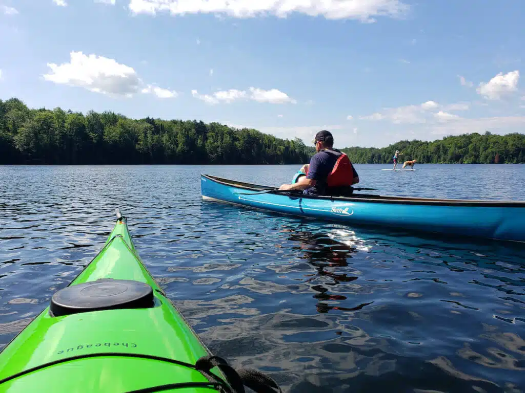 Two people kayaking on a calm lake with trees in the background under a blue sky with clouds.