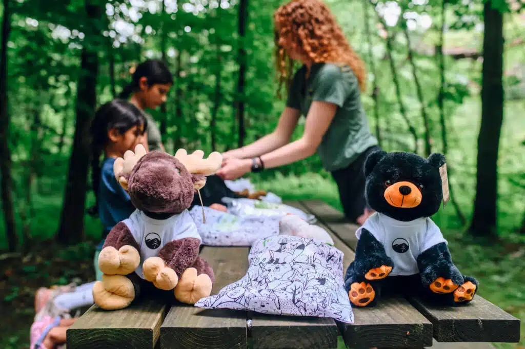 Two plush toys sit on a picnic table outdoors, with children and an adult in the background among trees.