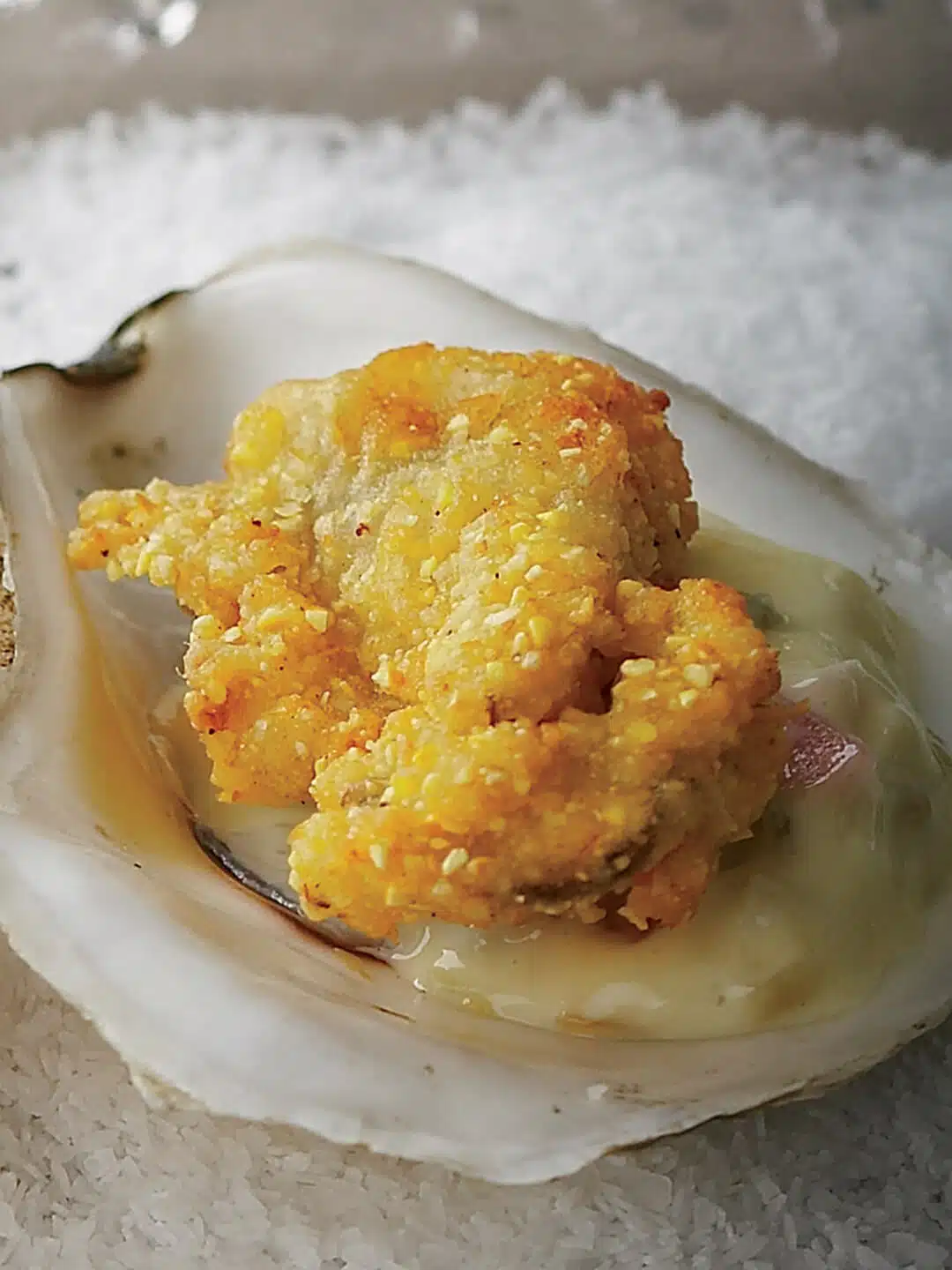 A fried oyster with creamy sauce underneath served in its shell on a bed of coarse salt.