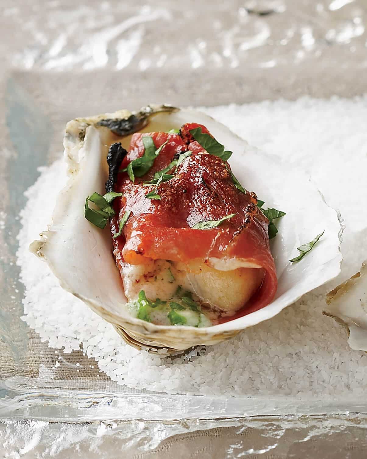 Oysters Stuffed with Herbed Mascarpone and Wrapped in Prosciutto