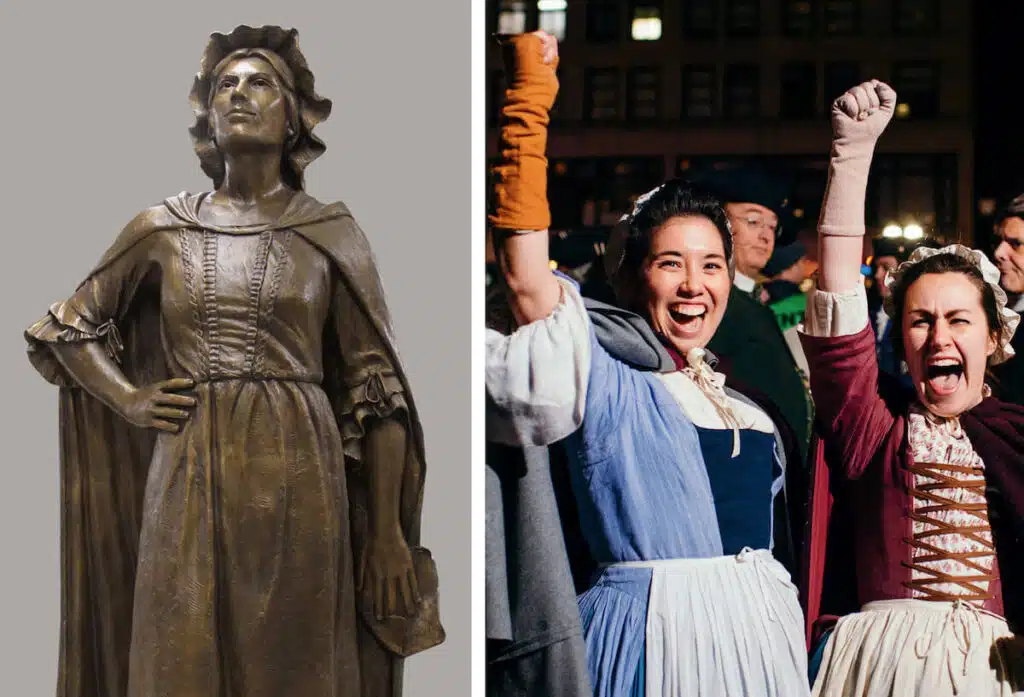 Left: Bronze statue of a woman in colonial dress. Right: Two women in costume cheering at night.