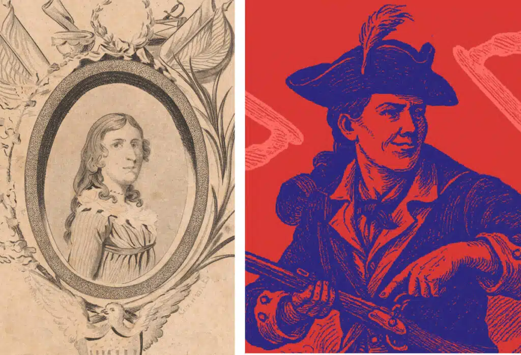 Left: Vintage portrait of a woman; right: Drawing of a colonial soldier holding a musket on a red background.