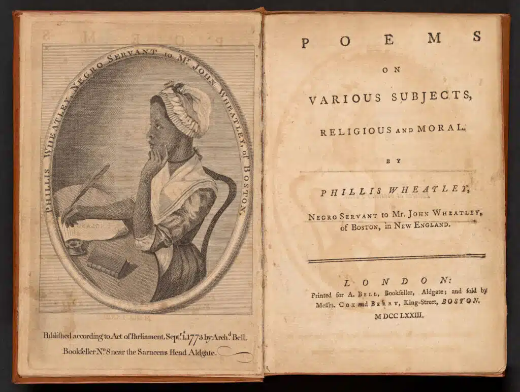 Book open to a portrait of Phillis Wheatley and the title page of her poetry collection, published in 1773.