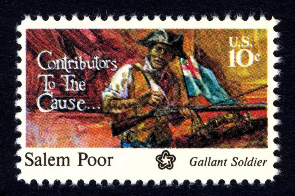 U.S. 10¢ stamp showing Salem Poor, a Revolutionary War soldier, with a musket and flag.