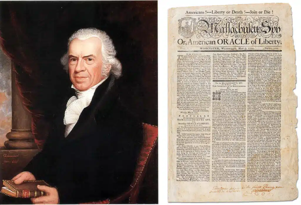 A man in 18th-century attire sits with a book beside an old American newspaper titled "Massachusetts Spy.